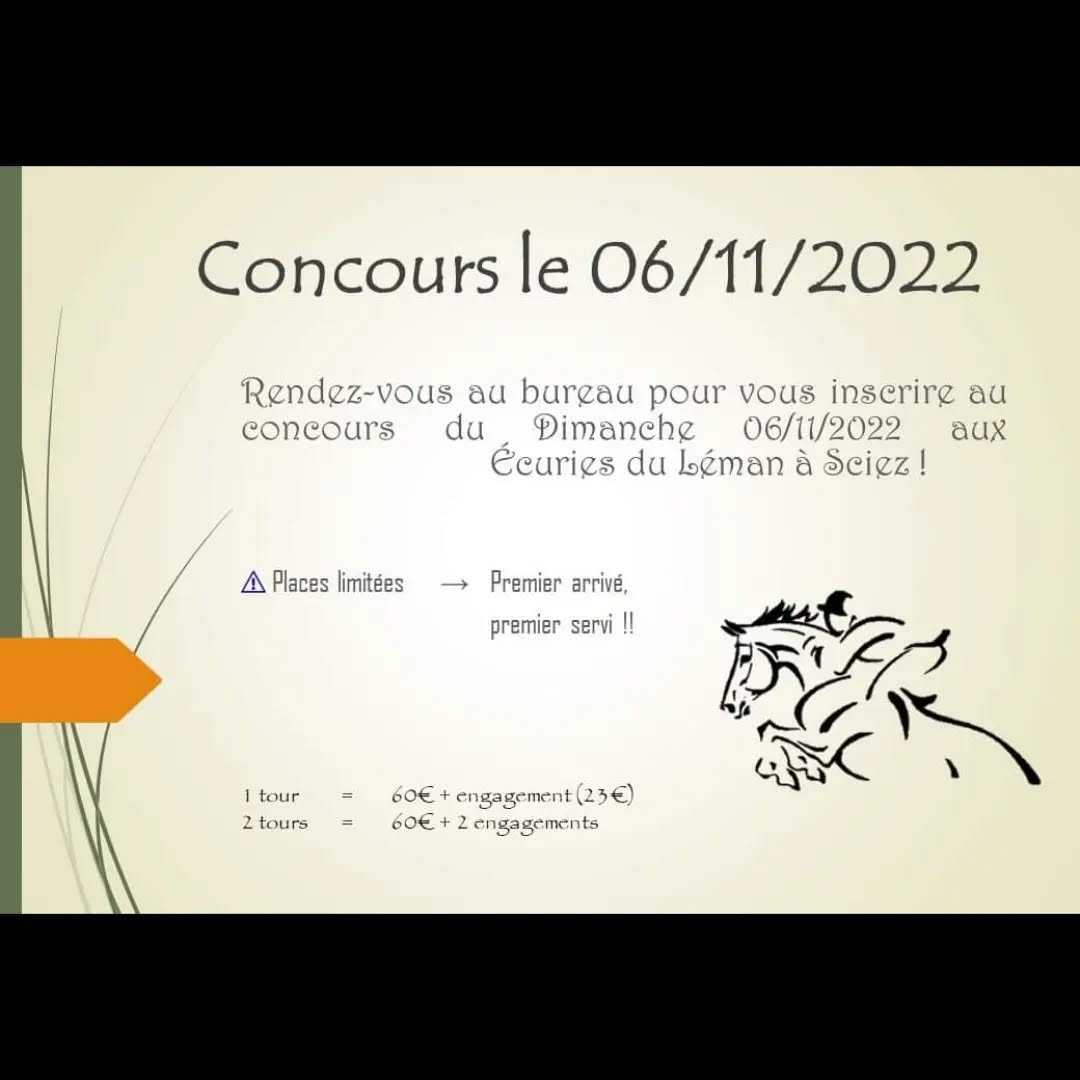 🏆 Concours de novembre 🗓
Inscriptions ouvertes au bureau uniquement !
CSO le 06 et dressage le 20 🐎