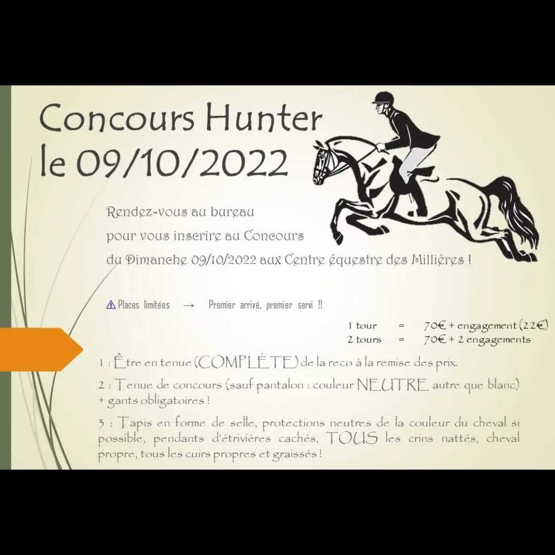 ⚠️ Programme de concours pour le mois d'octobre ! 🏆
Un hunter le 09 et un dressage le 16 ! 🐎
Vite au bureau pour les inscriptions ! 📝