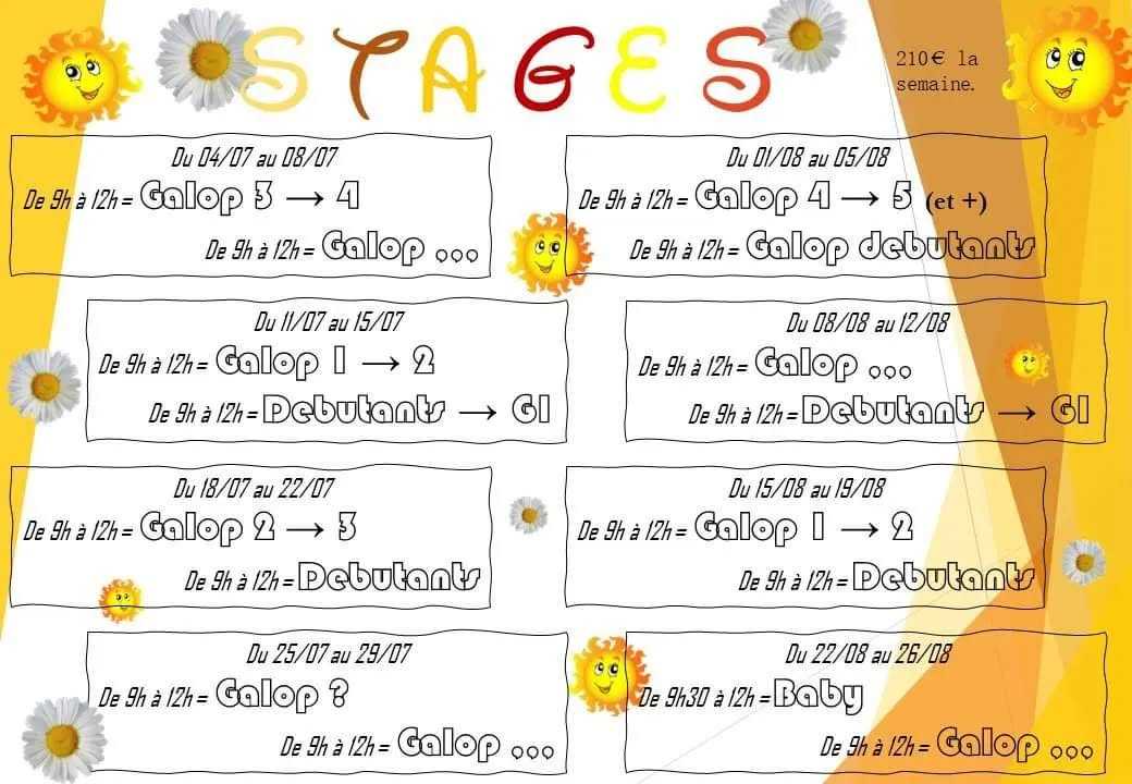 🌞 Les stages d'été sont officiellement ouverts ! 😎
N'hésitez pas à passer au bureau pour les inscriptions. 🔏
Les semaines sans galops particuliers seront spécifiées d'ici les semaines à venir au vue des demandes.

🏖 ... Pour les plus grands, les randos d'été ne vont pas tarder à arriver un peu de patience mais je peux d'ores et déjà communiquer les dates : du 11 au 15 juillet, du 25 au 29 juillet et du 09 au 13 août !
